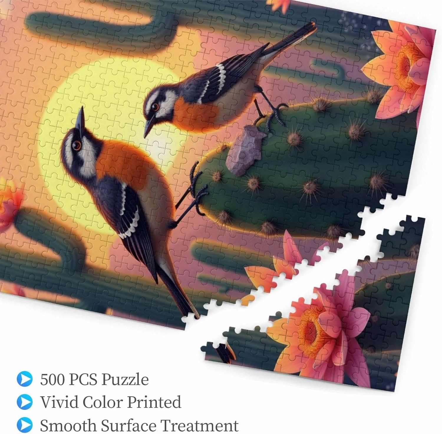 500 Piece Desert Sunset Birds Jigsaw Puzzle Two Birds On Cactus at Sunset Vibrant Colors Challenging Adult Puzzle Relaxing & Fun Activity Unique Artwork Great Gift Idea