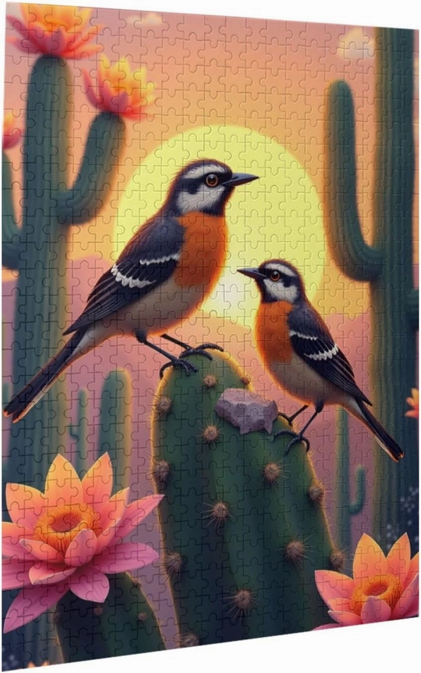 500 Piece Desert Sunset Birds Jigsaw Puzzle Two Birds On Cactus at Sunset Vibrant Colors Challenging Adult Puzzle Relaxing & Fun Activity Unique Artwork Great Gift Idea
