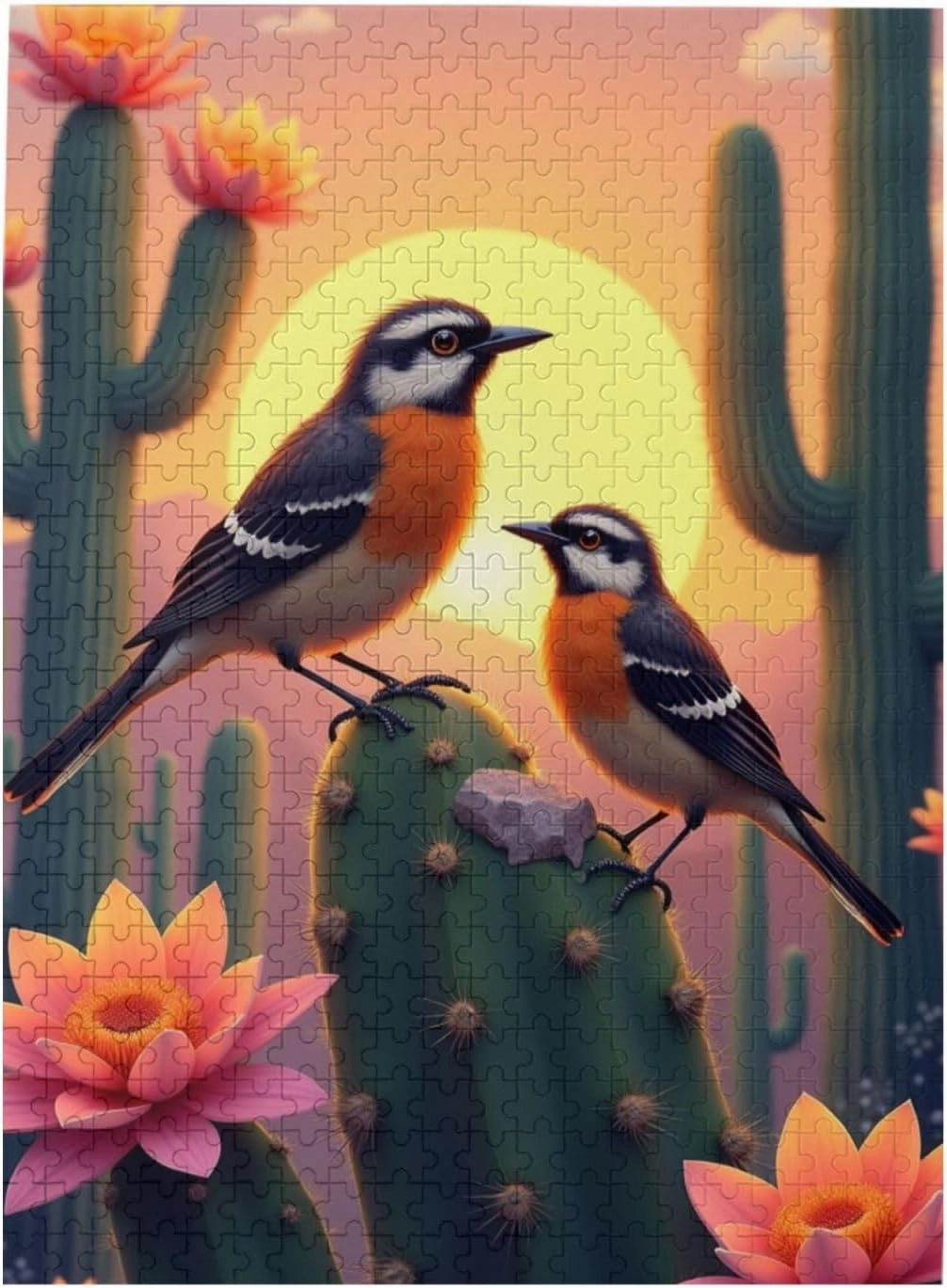 500 Piece Desert Sunset Birds Jigsaw Puzzle Two Birds On Cactus at Sunset Vibrant Colors Challenging Adult Puzzle Relaxing & Fun Activity Unique Artwork Great Gift Idea