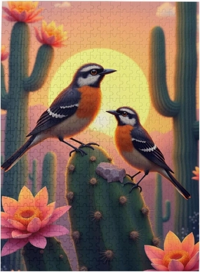 500 Piece Desert Sunset Birds Jigsaw Puzzle Two Birds On Cactus at Sunset Vibrant Colors Challenging Adult Puzzle Relaxing & Fun Activity Unique Artwork Great Gift Idea