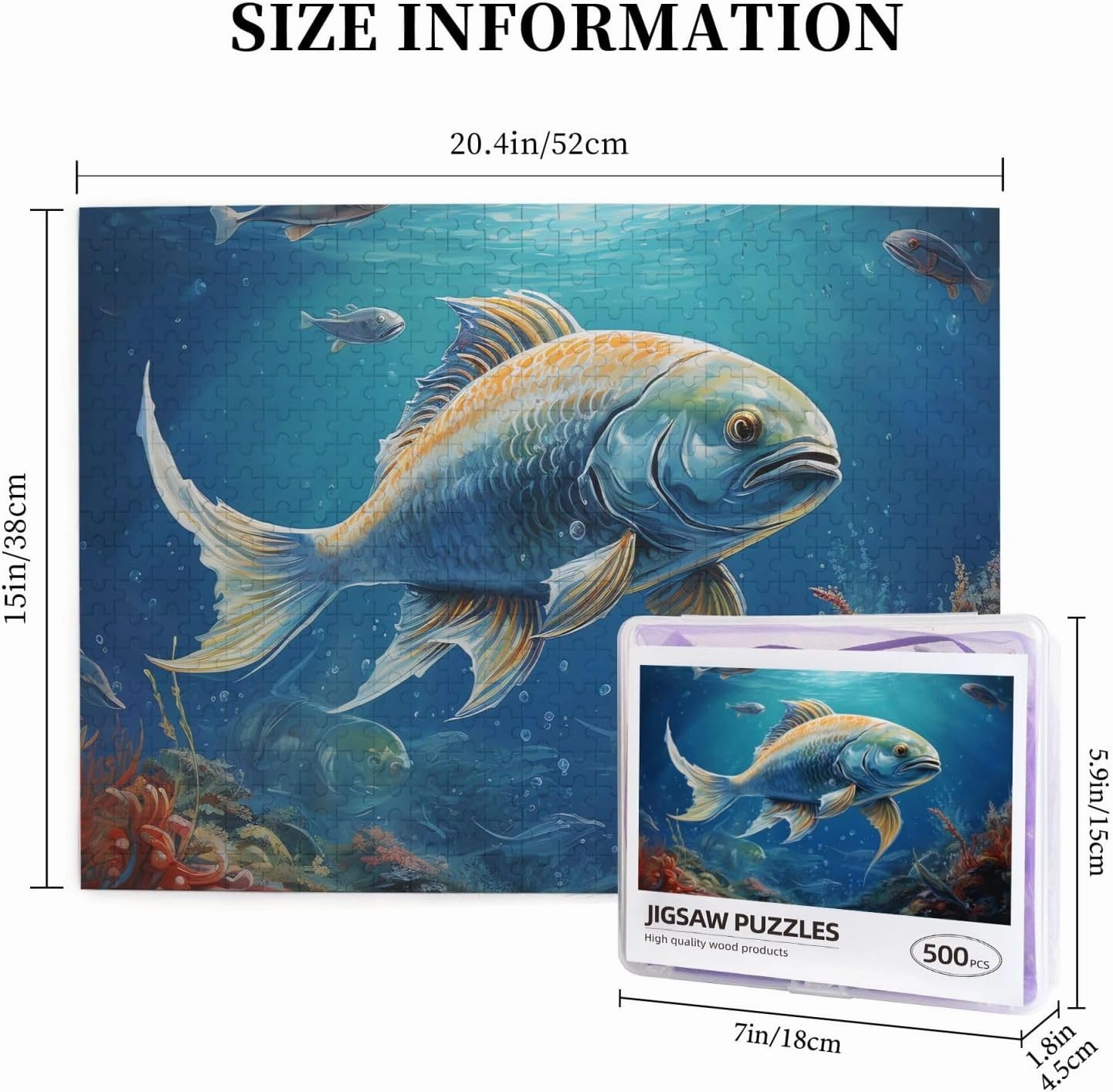 500 Piece Jigsaw Puzzle for Adults Challenging Puzzle for Game Nights Ocean Fish Wooden Puzzle Personalized Custom Wood Puzzle for Family Picture Puzzle Finished Size 15"x20.4"