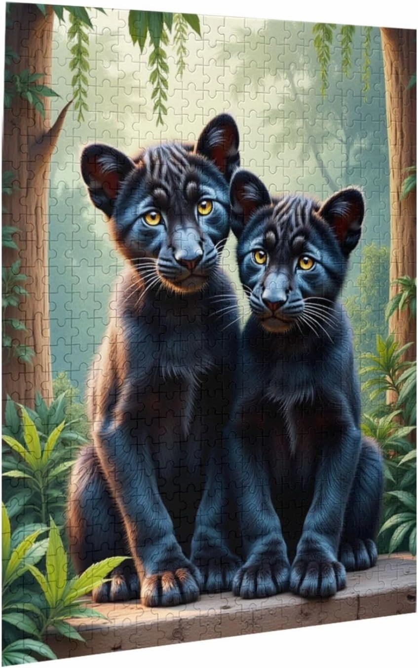 500 Piece Jigsaw Puzzle for Adults Two Black Panther Kittens in Lush Jungle Challenging and Relaxing Adult Puzzles Artistic Artwork Unique Home Decor Great Gift Idea