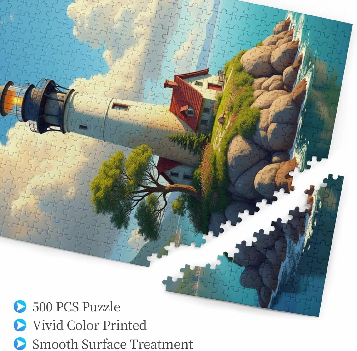 500 Piece Lighthouse Island Jigsaw Puzzle for Adults Serene Seascape Coastal Cottage & Challenging Puzzle Game Relaxing Activity Unique Artwork Great Gift Idea