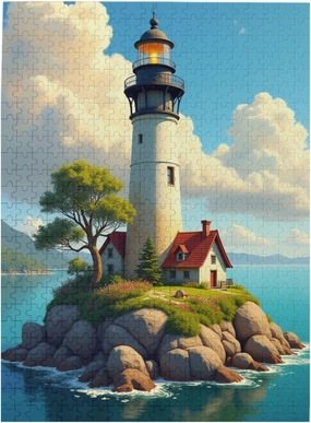 500 Piece Lighthouse Island Jigsaw Puzzle for Adults Serene Seascape Coastal Cottage & Challenging Puzzle Game Relaxing Activity Unique Artwork Great Gift Idea