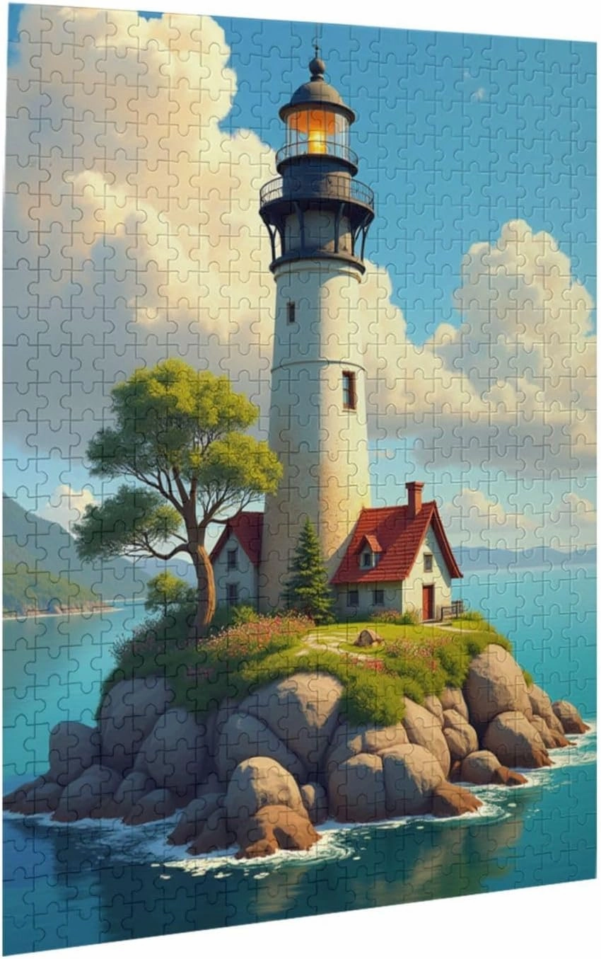 500 Piece Lighthouse Island Jigsaw Puzzle for Adults Serene Seascape Coastal Cottage & Challenging Puzzle Game Relaxing Activity Unique Artwork Great Gift Idea