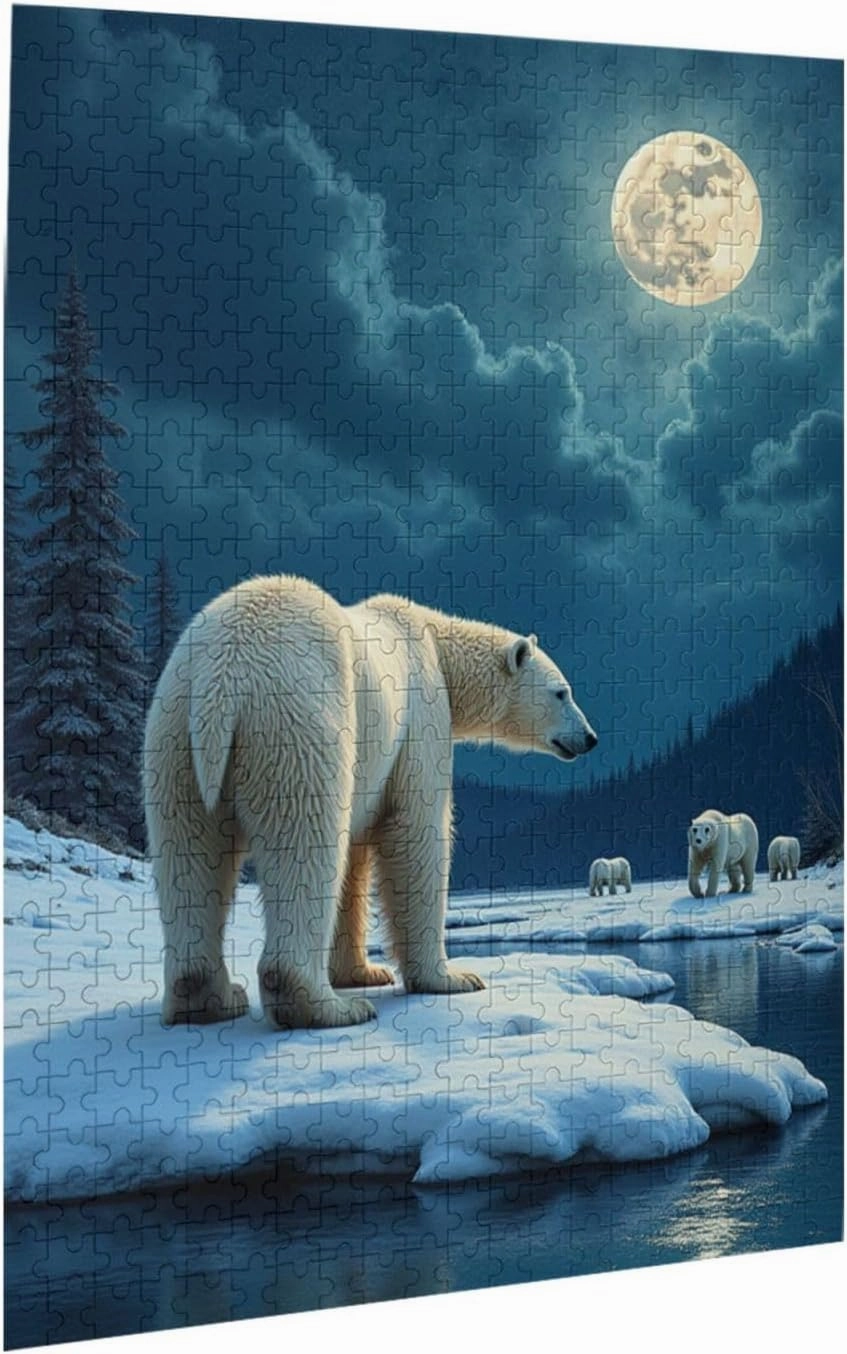 500 Piece Polar Bears Under Moonlight Jigsaw Puzzle for Adults Challenging and Relaxing Adult Puzzle Beautiful Wildlife Artwork Great Home Decor Fun Activity for Puzzle Enthusiasts