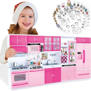 56PCS 5-in-1 Kids Kitchen & Dollhouse Playset – 51 Accessories & 5 Modular Setups, Realistic Lights & Sounds, Easy Assembly Pretend Cooking Toy for Girls Ages 3 
