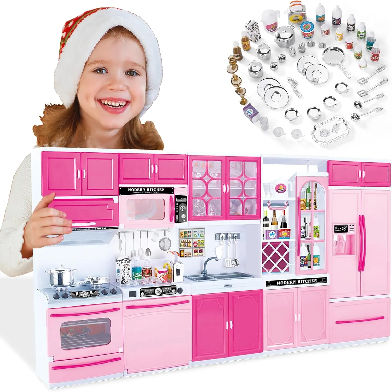 56PCS 5-in-1 Kids Kitchen & Dollhouse Playset – 51 Accessories & 5 Modular Setups, Realistic Lights & Sounds, Easy Assembly Pretend Cooking Toy for Girls Ages 3 