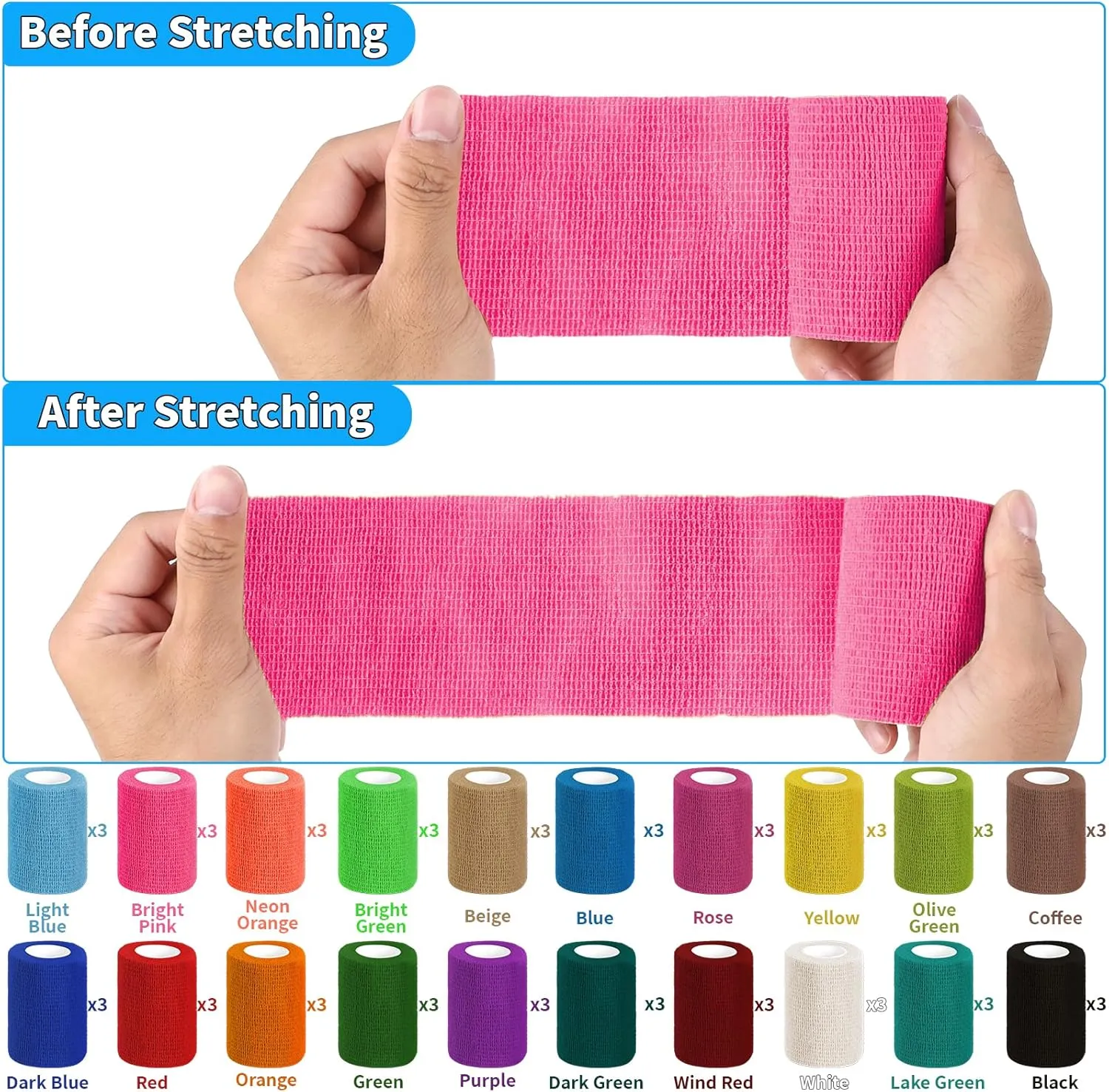 60 Pack Colorful Self Adhesive Bandage Wrap Bulk 3 Inch x 5 Yards Cohesive Bandage,Vet Wrap Breathable Elastic Self-Adherent Tape for Stretch Athletic Sports Wrist Ankle Dogs Pet Vet Wrap
