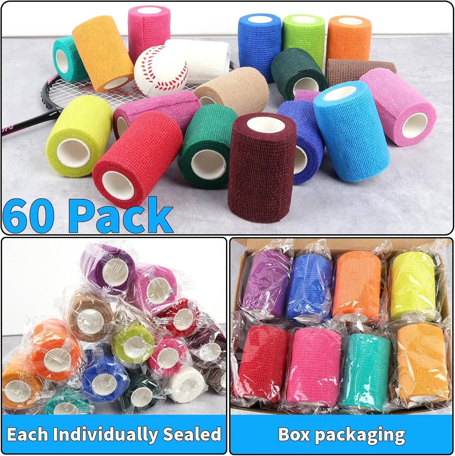 60 Pack Colorful Self Adhesive Bandage Wrap Bulk 3 Inch x 5 Yards Cohesive Bandage,Vet Wrap Breathable Elastic Self-Adherent Tape for Stretch Athletic Sports Wrist Ankle Dogs Pet Vet Wrap