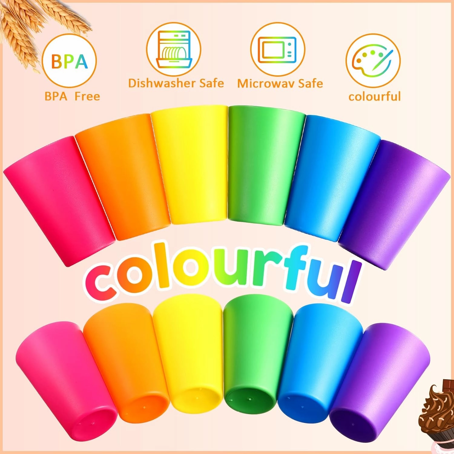 60 Pieces Plastic Cups Kids 8.5 oz Reusable Children Drinking Cups Juice Tumblers for Toddler Adults for Parties School (Yellow,Orange,Red,Purple,Green,Dark Blue)