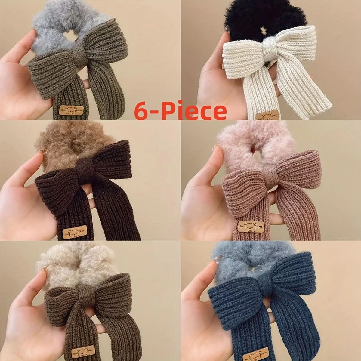 6PCS Knitted Fluffy Bow Hair Ties Set