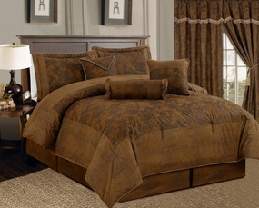 7 Piece Dark Camel Brown Lavish 106"X 94" Comforter Set Micro Suede Bed in A Bag (California) Cal King Size Bedding