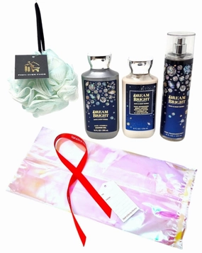 7pc Body Care Gift Set Includes Dream Bright Lotion - Shower Gel - Fine Fragrance Mist - Asst Color Shower Loofah - Cello Bag, Ribbon and Gift Tag