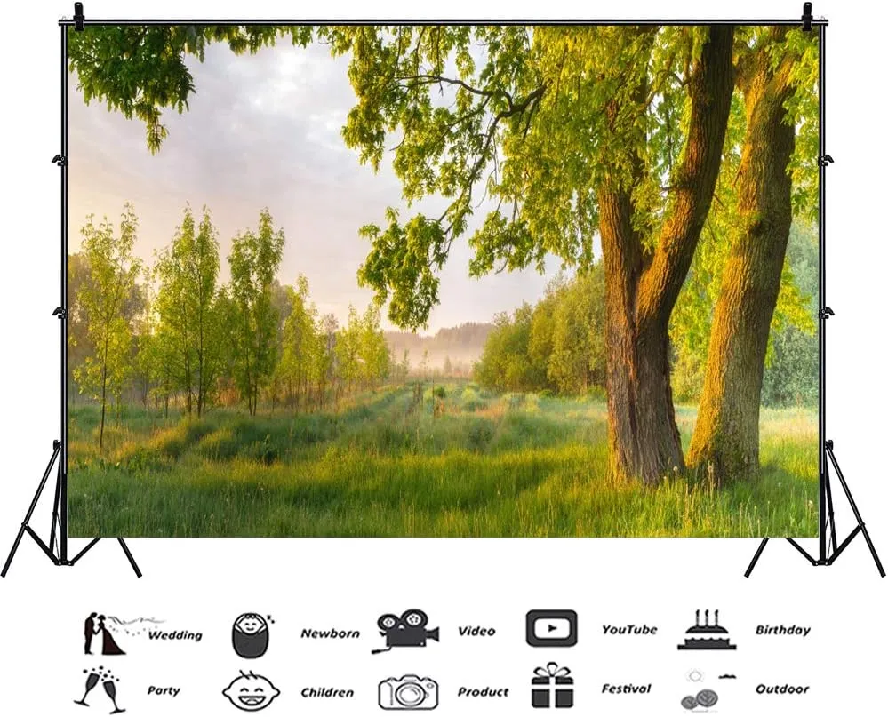 7x5ft Spring Rural Scenery Backdrop Aged Tree Country Field Grassland Blue Sky White Clouds Photography Background Outdoor Picnic Leisure Vacation Tour Family Portraits Photo Props Vinyl