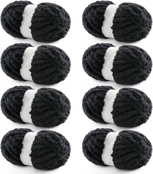 8 Pack Chunky Chenille Blanket Yarn for Hand Knitting and Crocheting - Jumbo Fluffy Super Bulky Yarn 28.4 Yds 7.7 Oz Each Skein (Black)