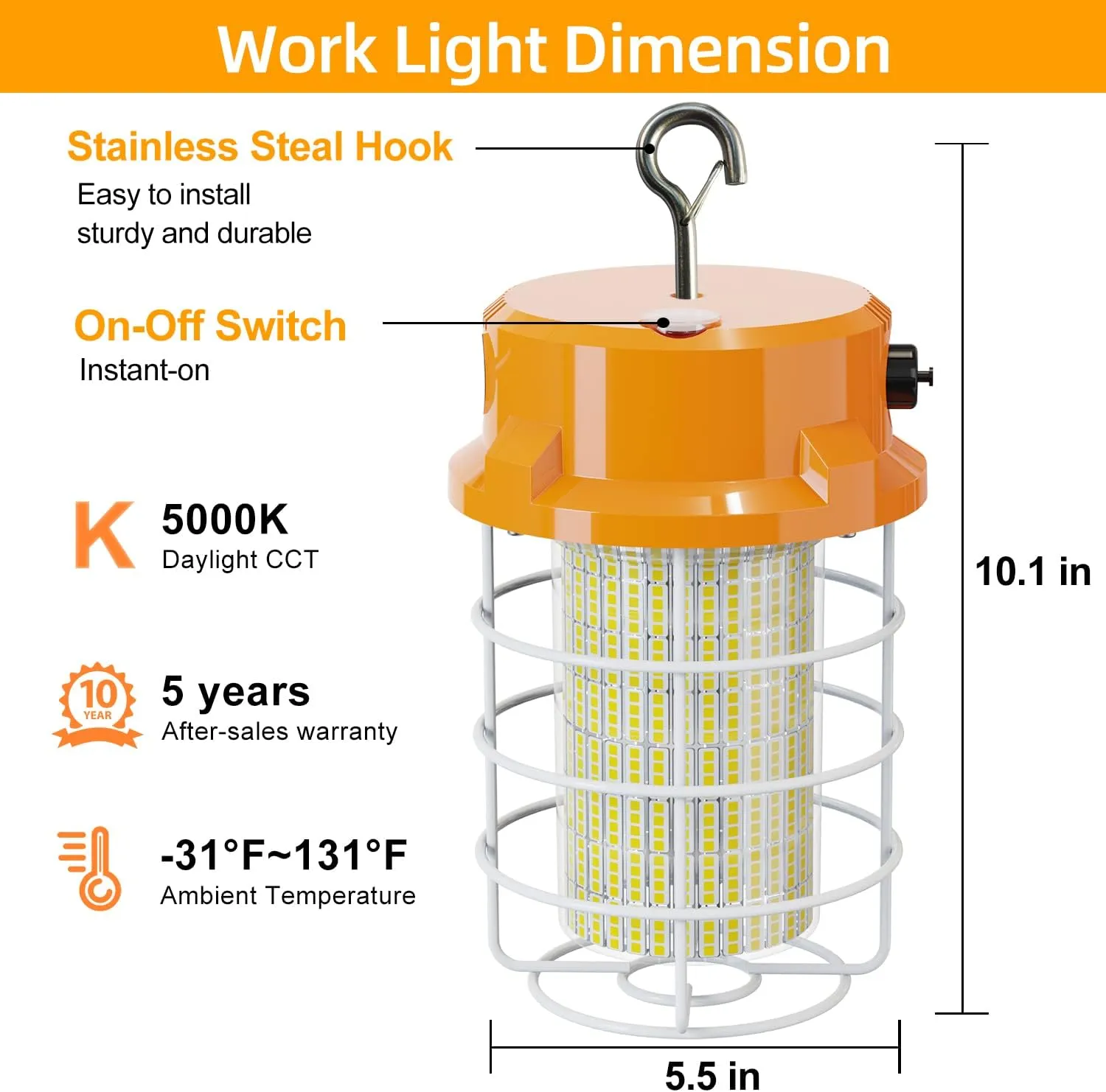 80W LED Temporary Work Light 12000Lm 5000K Construction Lights Led Work Light IP67 Dust Waterproof Portable Lights with Stainless Steel Guard Hook for Mine Wharf Job Site Garage Factory Lighting
