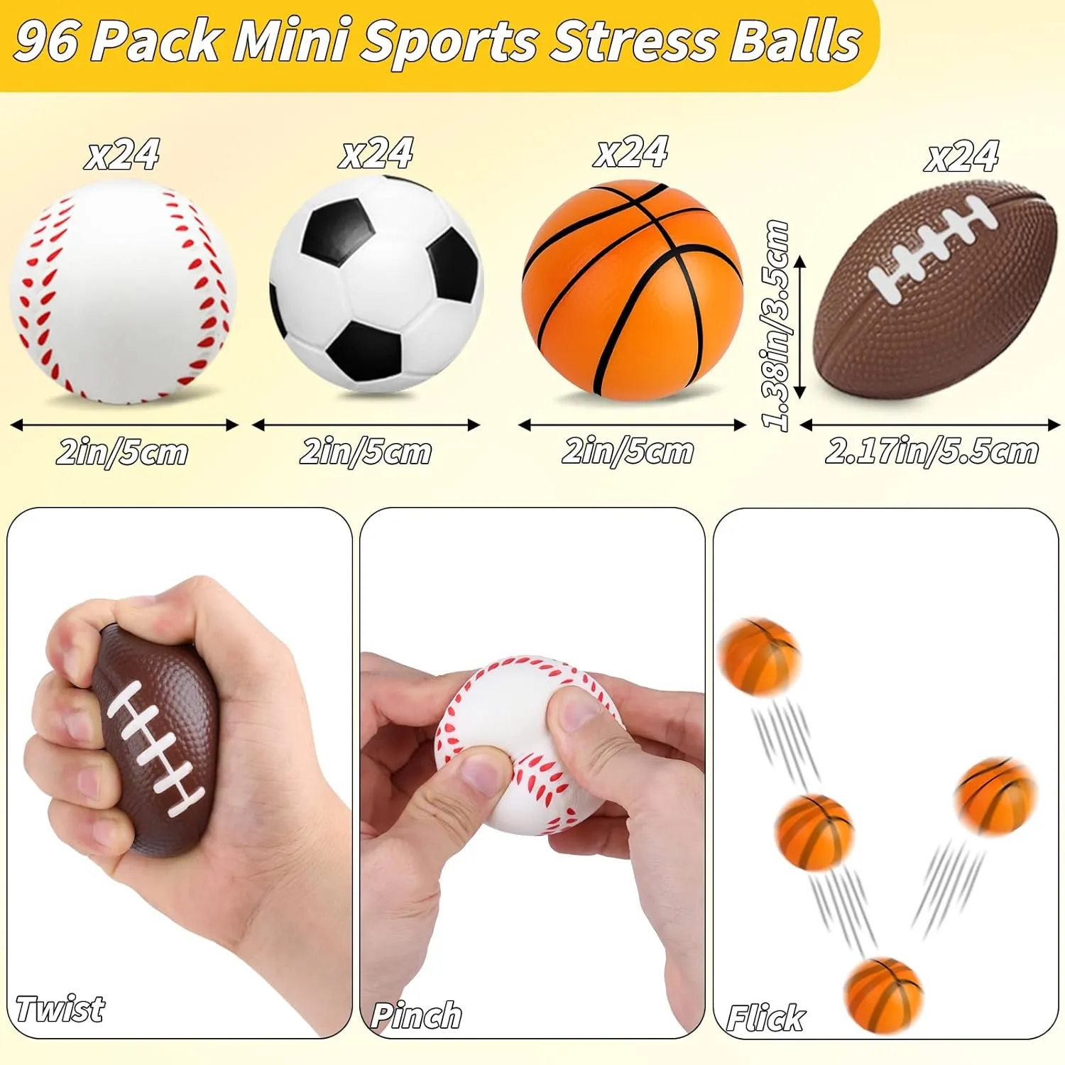 96 Pieces Sports Stress Balls for Kids Mini Footballs Ball, Soccer, Basketball, Baseball Foam Squeeze Stress Balls for Anxiety Relief Relaxation, Sport Party Favor Class Prize Birthday Pet Toys