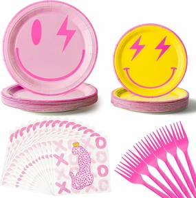96Pcs Preppy Party Tableware Set Smile Face Paper Dessert Plates Napkins Forks Disposable Retro Dinnerware Serve 24 Guests Supplies for Girl Birthday Bachelorette Early 2000s Theme Party