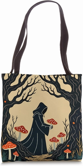 A Hooded Cloaked Forager Collecting Toadstools Cut-Out Tote Bag