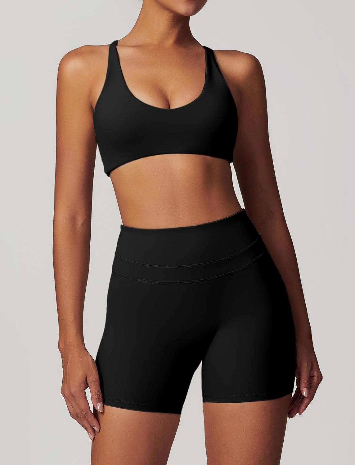 ABOCIW Workout Sets for Women 2 Piece V Neck Twist Back Sports Bra High Waist Biker Shorts Yoga Outfits