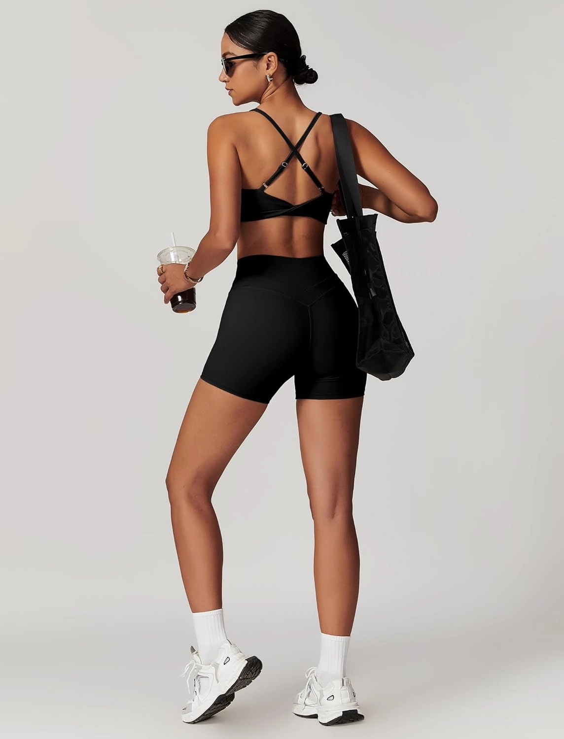 ABOCIW Workout Sets for Women 2 Piece V Neck Twist Back Sports Bra High Waist Biker Shorts Yoga Outfits