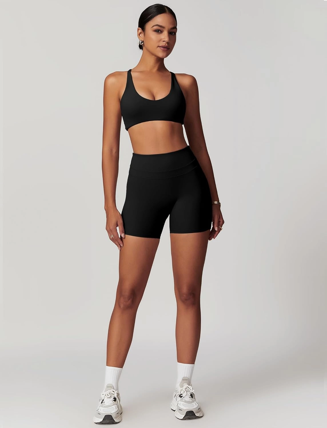 ABOCIW Workout Sets for Women 2 Piece V Neck Twist Back Sports Bra High Waist Biker Shorts Yoga Outfits