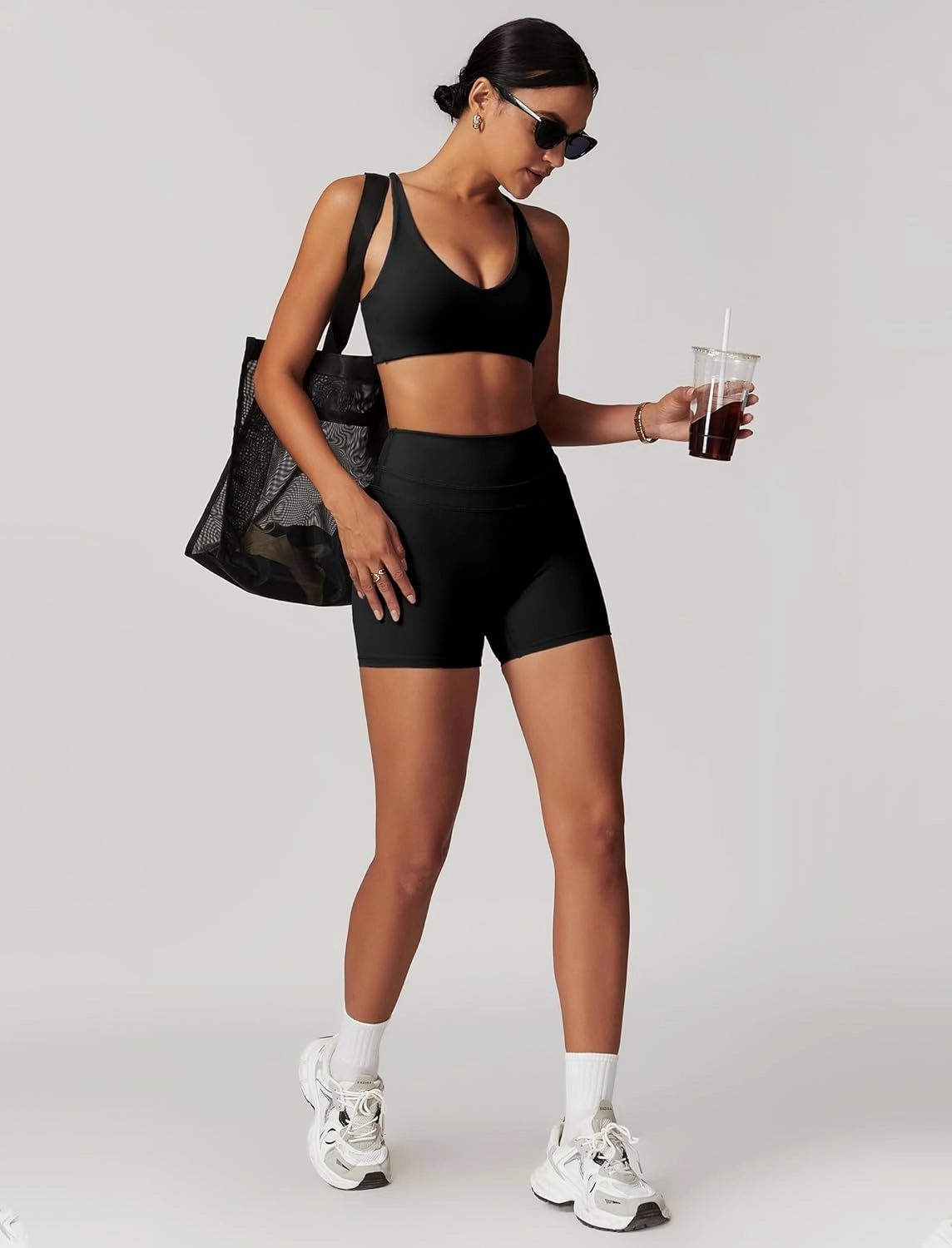 ABOCIW Workout Sets for Women 2 Piece V Neck Twist Back Sports Bra High Waist Biker Shorts Yoga Outfits