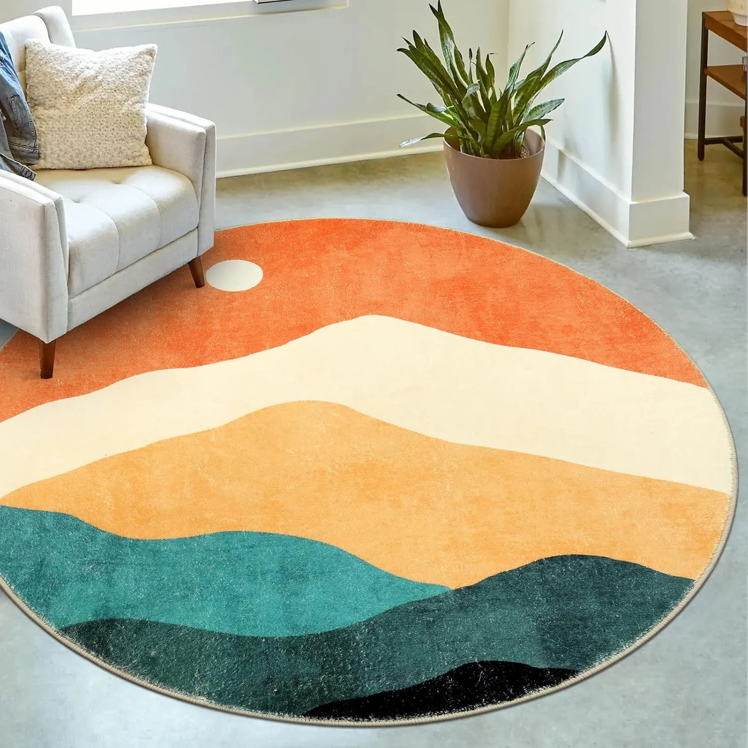 Abstract Round Rug for Bedroom 4ft, Faux Wool Soft Area Circle Area Rug, Boho Washable Low Pile Classroom Rugs, Carpet for Living Room Sofa Bathroom Nursery Kids Room Decor