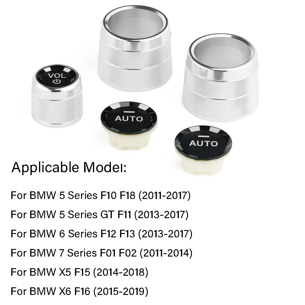 AC Air Conditioning Climate Control Button & Radio Volume Knob Switch Ring Covers Compatible with BMW 5 6 7 X5 X6 Series F10 F11 F18 F12 F13 F01 F02 F15 F16 with AUTO Button (Silver)