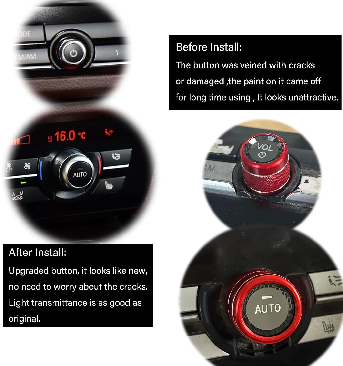 AC Air Conditioning Climate Control Button & Radio Volume Knob Switch Ring Covers Compatible with BMW 5 6 7 X5 X6 Series F10 F11 F18 F12 F13 F01 F02 F15 F16 with AUTO Button(Red)