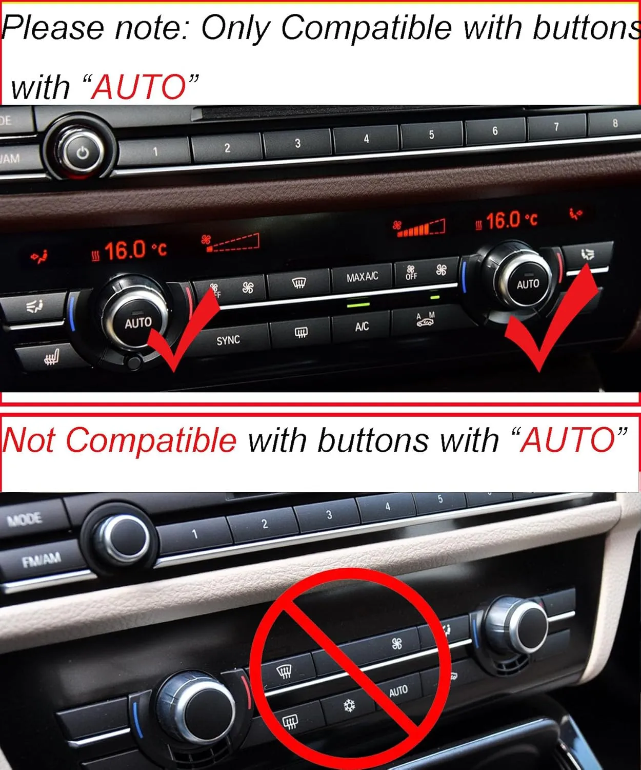 AC Air Conditioning Climate Control Button & Radio Volume Knob Switch Ring Covers Compatible with BMW 5 6 7 X5 X6 Series F10 F11 F18 F12 F13 F01 F02 F15 F16 with AUTO Button(Red)