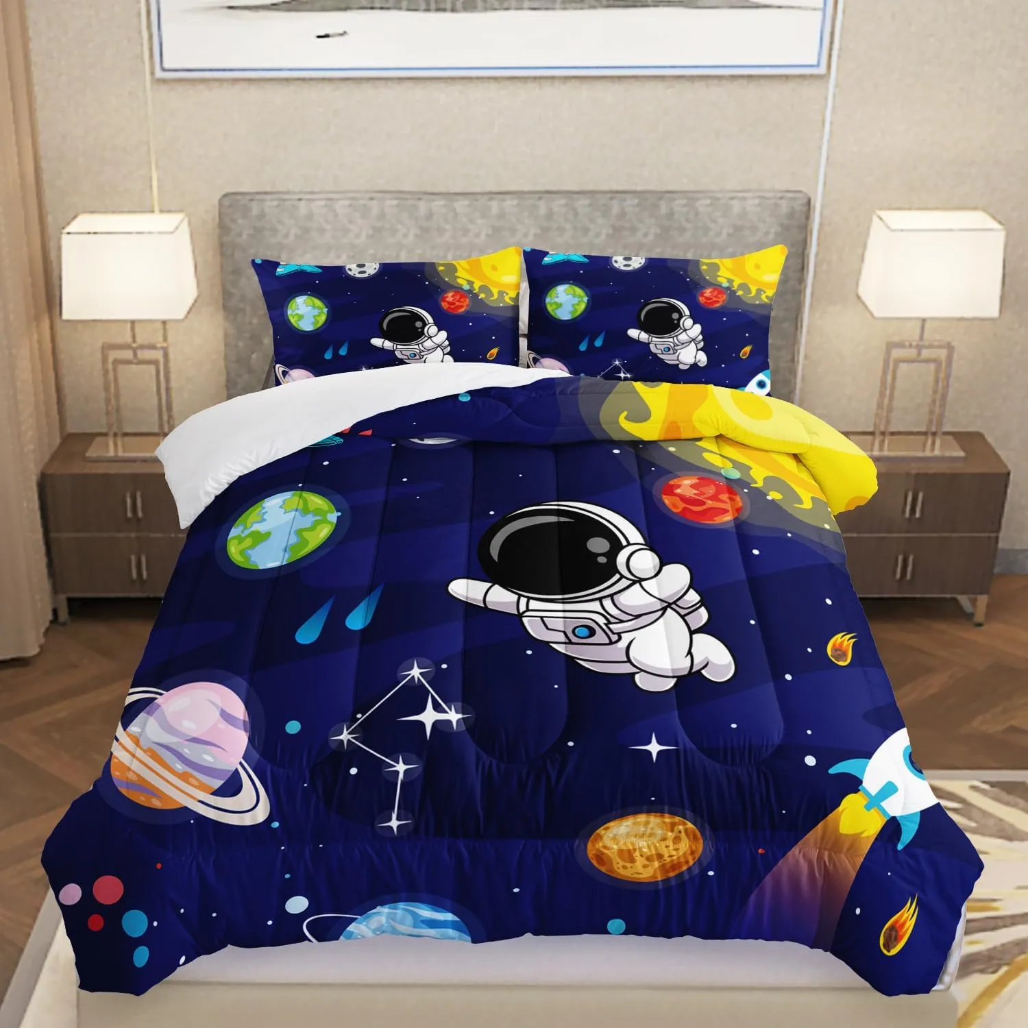 AILONEN Cartoon Astronaut Comforter Set Queen Size, Cute Astronaut with Rockets Bedding Set for Kids Boys,Outer Space Explorer Theme Bed in a Bag Duvet Set,1 Quilt Sheet 2 Pillowcases,3 PCS