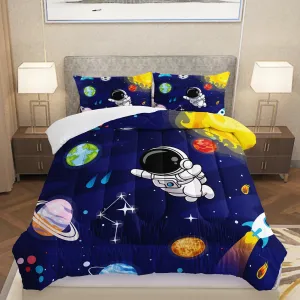 AILONEN Cartoon Astronaut Comforter Set Queen Size, Cute Astronaut with Rockets Bedding Set for Kids Boys,Outer Space Explorer Theme Bed in a Bag Duvet Set,1 Quilt Sheet 2 Pillowcases,3 PCS