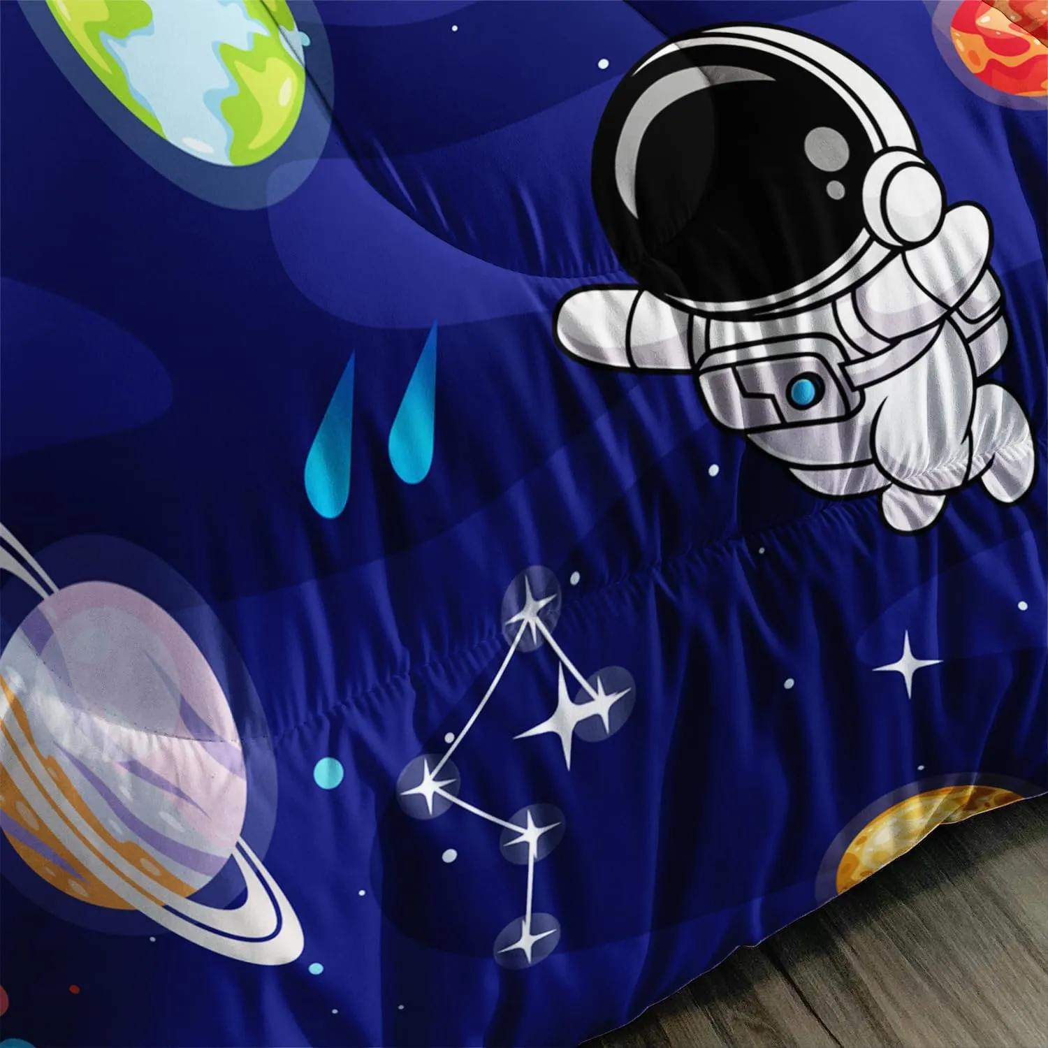 AILONEN Cartoon Astronaut Comforter Set Queen Size, Cute Astronaut with Rockets Bedding Set for Kids Boys,Outer Space Explorer Theme Bed in a Bag Duvet Set,1 Quilt Sheet 2 Pillowcases,3 PCS