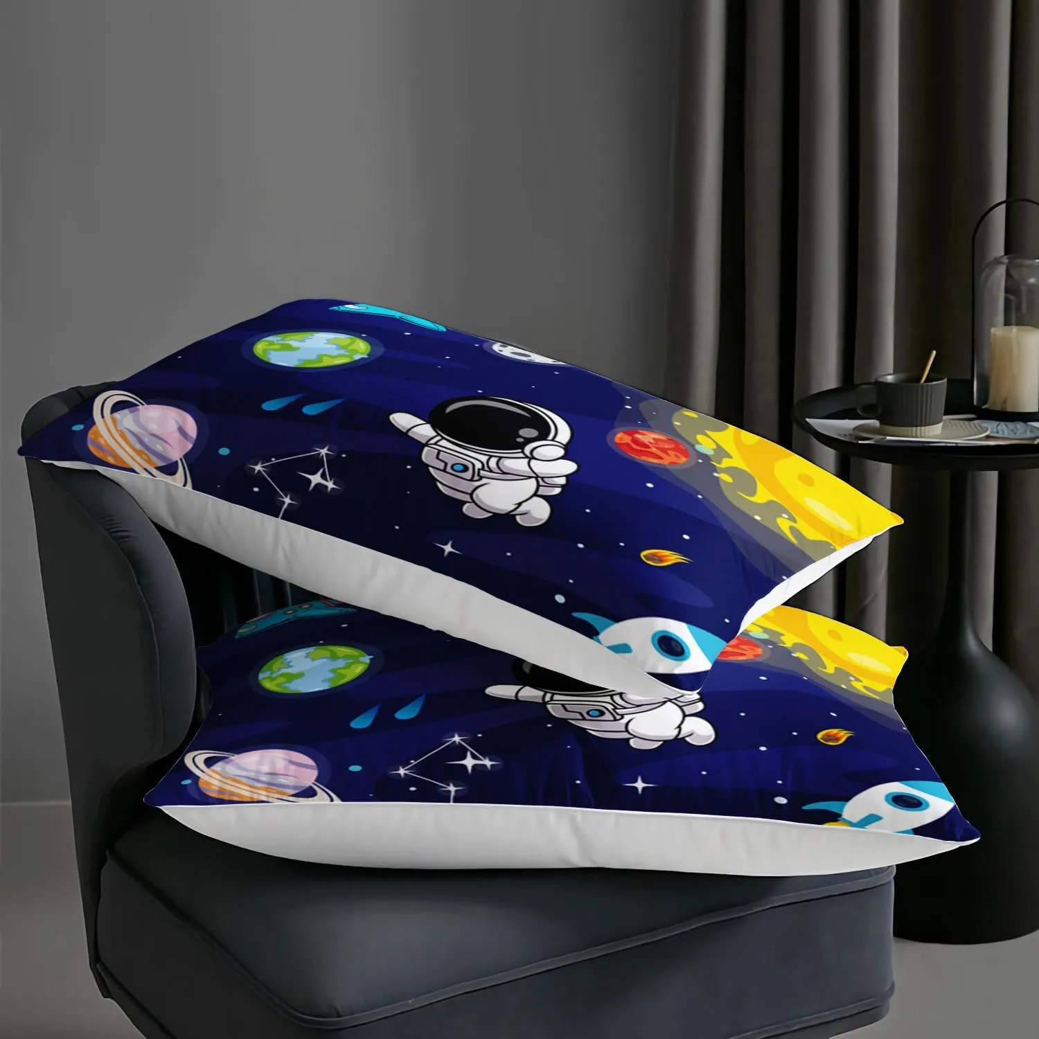 AILONEN Cartoon Astronaut Comforter Set Queen Size, Cute Astronaut with Rockets Bedding Set for Kids Boys,Outer Space Explorer Theme Bed in a Bag Duvet Set,1 Quilt Sheet 2 Pillowcases,3 PCS