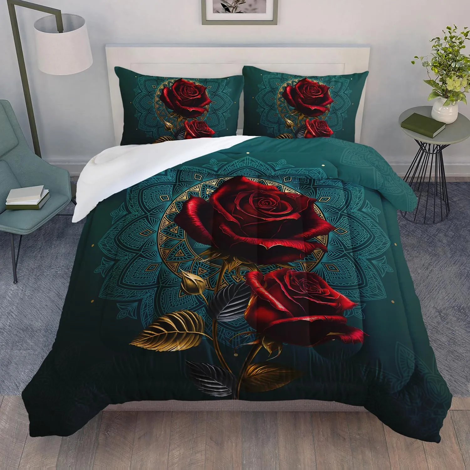 AILONEN Red Rose Comforter Set Queen Size, Red Floral Print Bedding Set for Girls,Valentine Romantic Blossom Floral Bed in a Bag,1 Quilt and 2 Pillowcases,Soft Microfiber for All Season