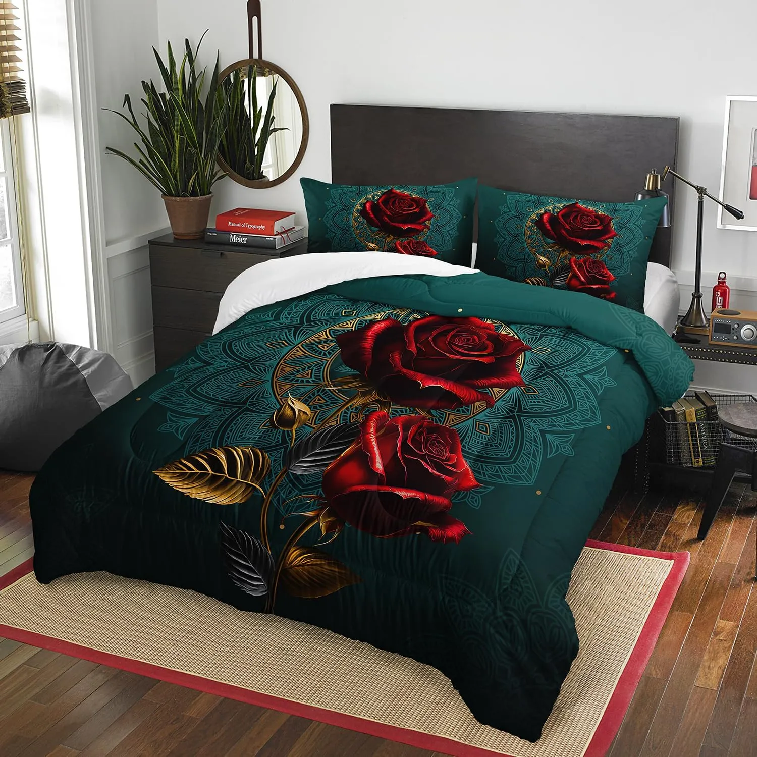 AILONEN Red Rose Comforter Set Queen Size, Red Floral Print Bedding Set for Girls,Valentine Romantic Blossom Floral Bed in a Bag,1 Quilt and 2 Pillowcases,Soft Microfiber for All Season