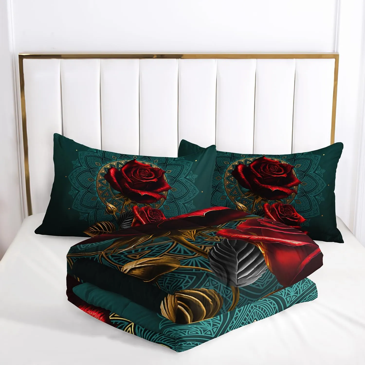 AILONEN Red Rose Comforter Set Queen Size, Red Floral Print Bedding Set for Girls,Valentine Romantic Blossom Floral Bed in a Bag,1 Quilt and 2 Pillowcases,Soft Microfiber for All Season