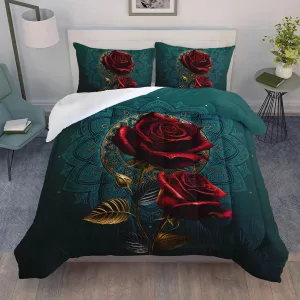 AILONEN Red Rose Comforter Set Queen Size, Red Floral Print Bedding Set for Girls,Valentine Romantic Blossom Floral Bed in a Bag,1 Quilt and 2 Pillowcases,Soft Microfiber for All Season
