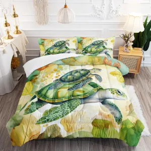 AILONEN Sea Turtle Comforter Set Twin Size,Ocean Theme Bedding Tropic Tortoise Watercolor Comforter Set,Green Tie Dye 3 Pieces Bed in a Bag Duvet Set, 1 Quilt and 2 Pillowcases