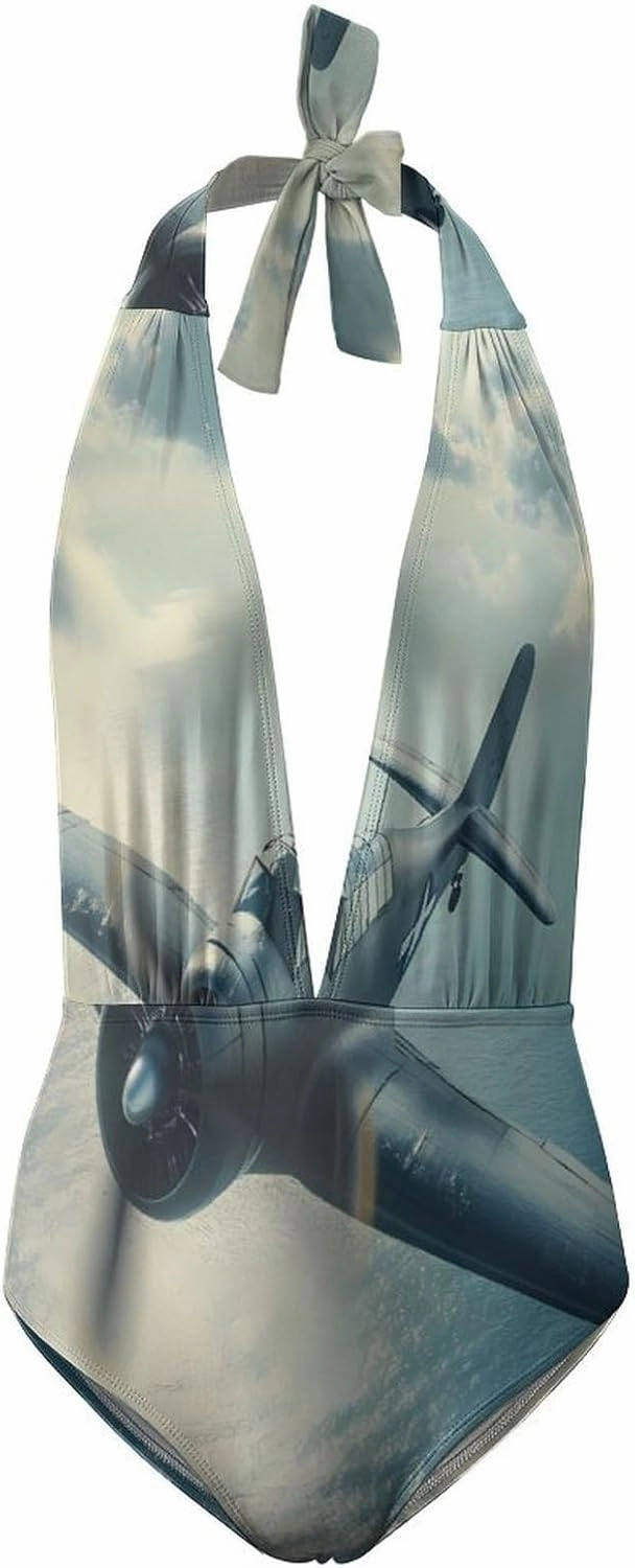 Airplane Aviation One Piece Swimsuit Women V Neck Bathing Suit Sexy Swimwear Beachwear