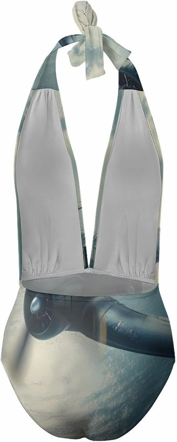 Airplane Aviation One Piece Swimsuit Women V Neck Bathing Suit Sexy Swimwear Beachwear