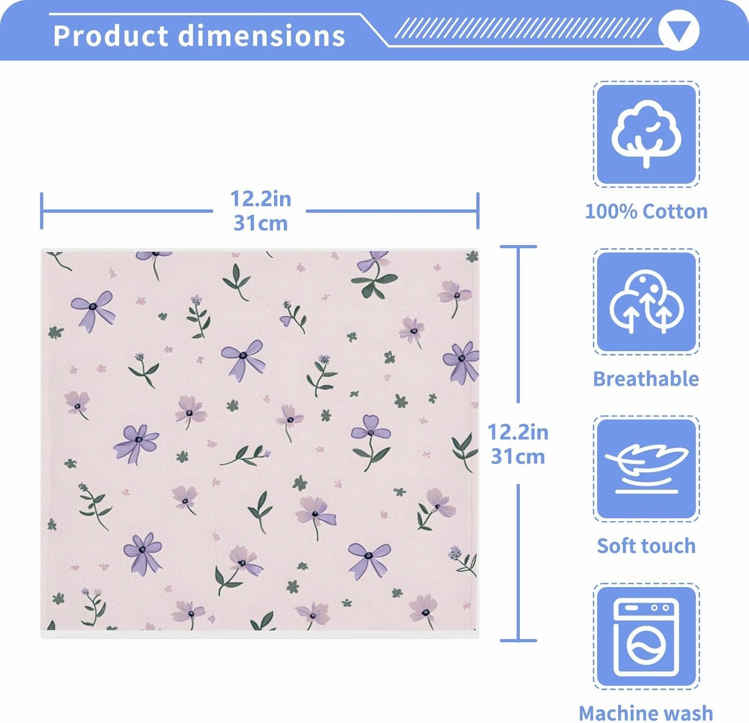 ALAZA Cotton Wash Cloths Set Face Cloths Washcloth Small 4 Pack Lilac Florals Bows Absorbent Soft Fingertip Towels 12 x 12 Inches