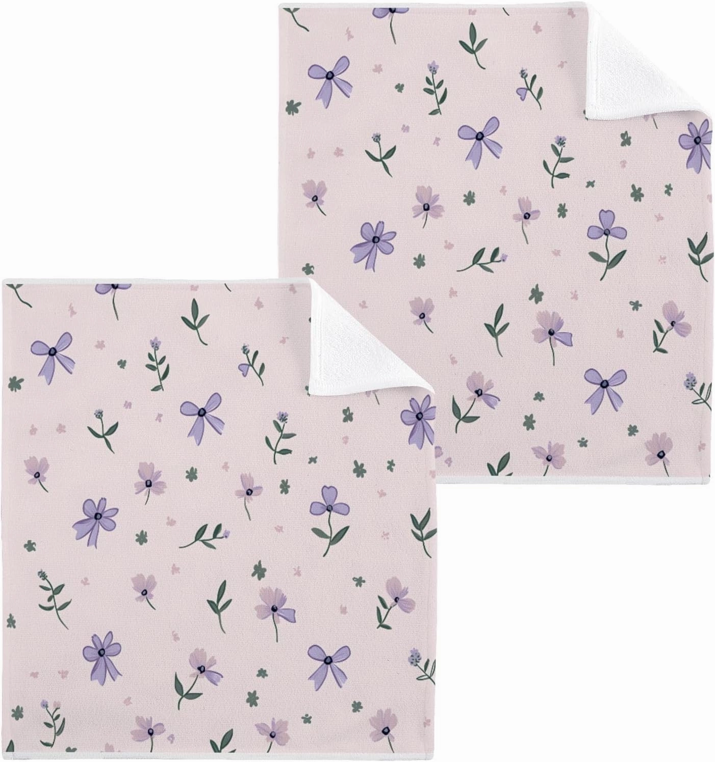 ALAZA Cotton Wash Cloths Set Face Cloths Washcloth Small 4 Pack Lilac Florals Bows Absorbent Soft Fingertip Towels 12 x 12 Inches