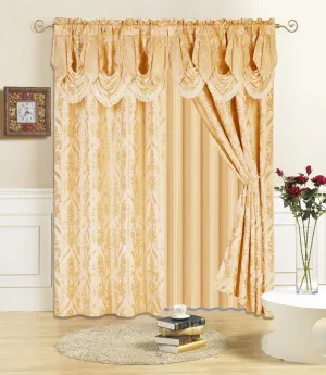 All American Collection New 4 Piece Drape Set with Attached Valance and Sheer with 2 Tie Backs Included (84" Length, Gold)