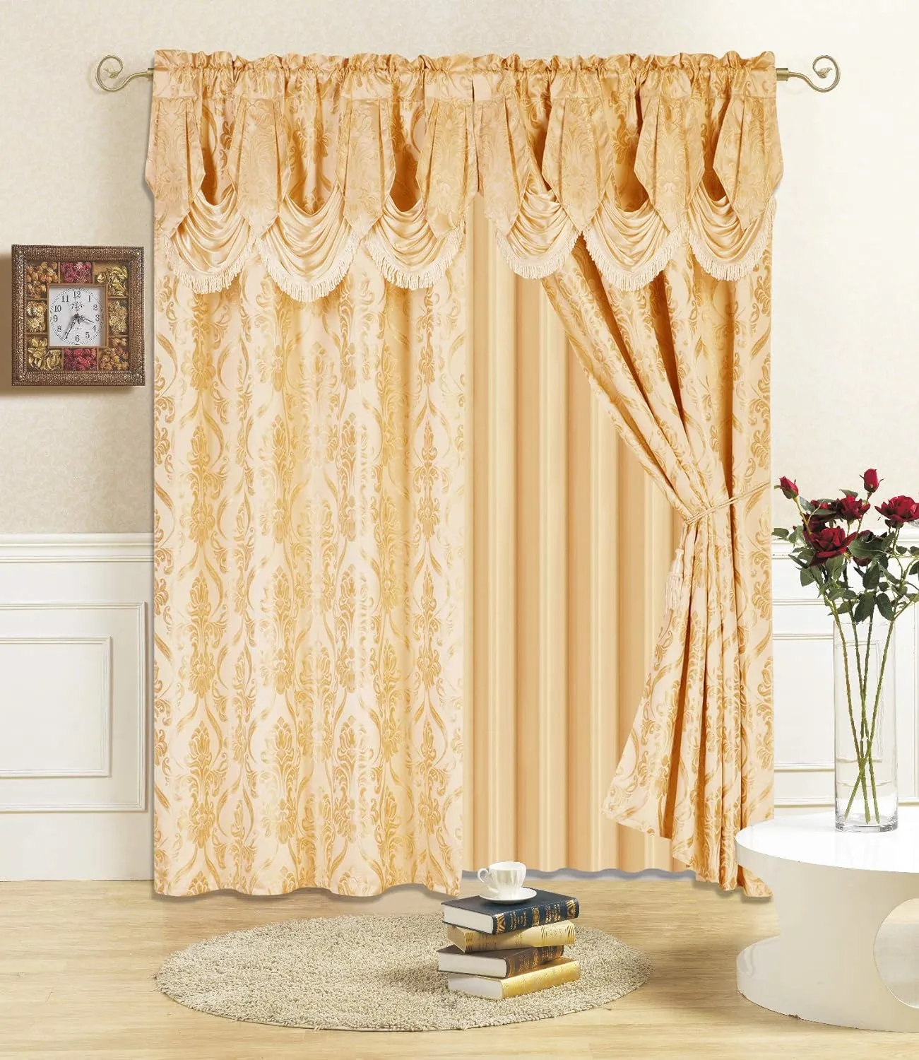 All American Collection New 4 Piece Drape Set with Attached Valance and Sheer with 2 Tie Backs Included (84" Length, Gold)