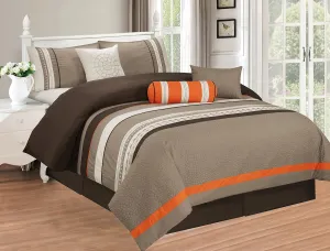 All American Collection New 7 Piece Embroidered Over-Sized Comforter Set (King, Taupe/Orange)