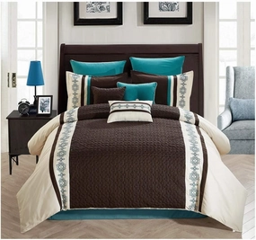 All American Collection New 7 Piece Embroidered Over-Sized Comforter Set (King, Beige/Brown/Turquoise)