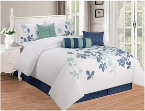 All American Collection New 7 Piece Embroidered Over-Sized Comforter Set (King, White/Blue)